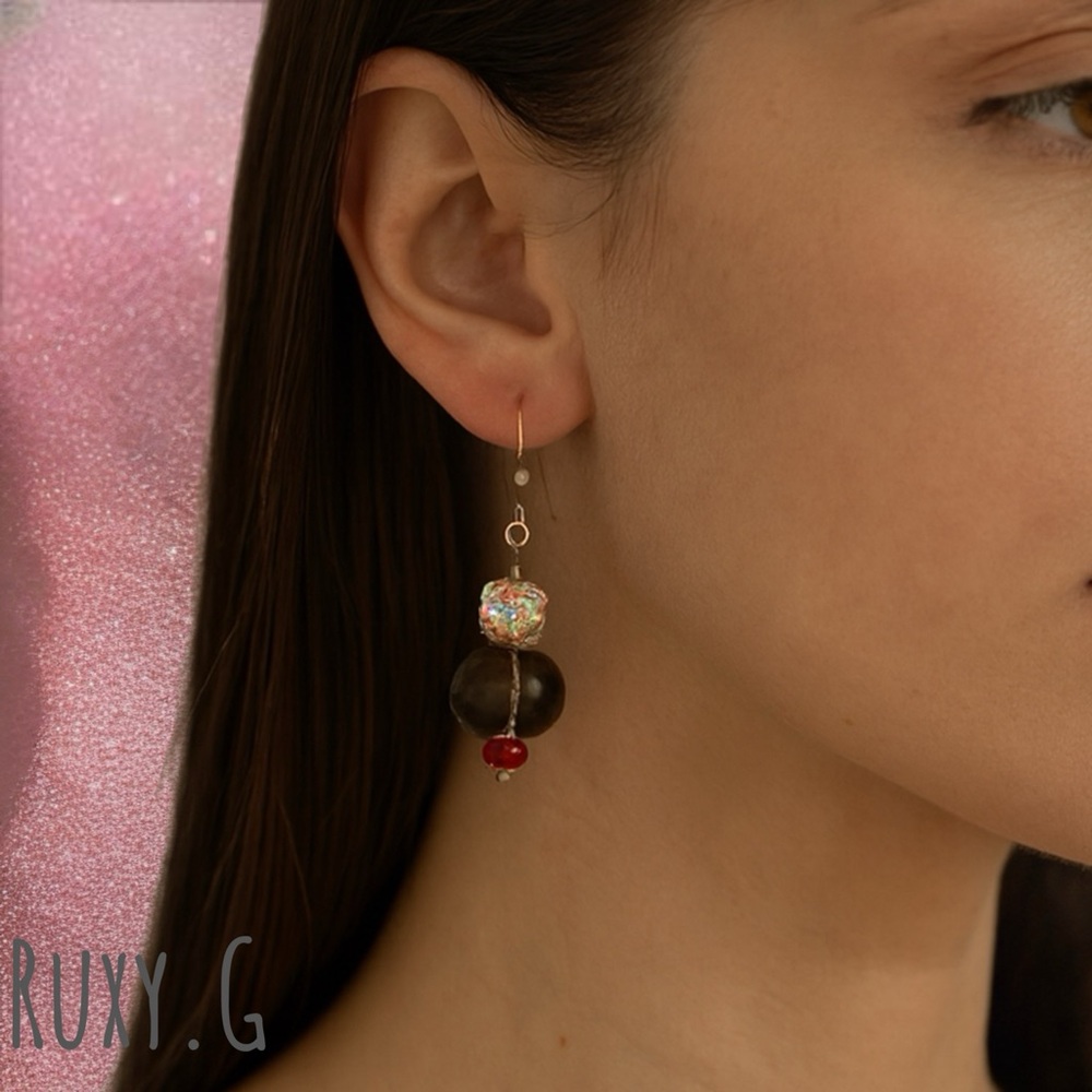Silver, Grey  and Red Drop Earrings